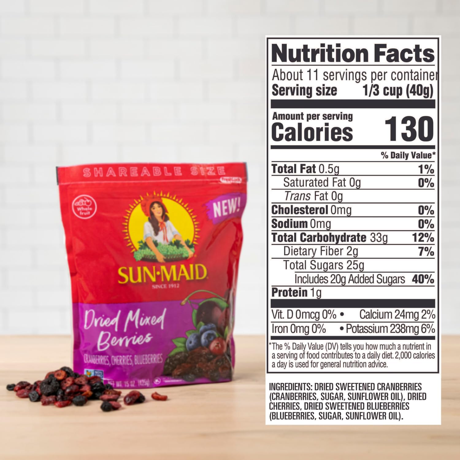 Sun-Maid Mixed Dried Berries - 15oz Resealable Bag with Cranberries, Cherries & Blueberries - Healthy Dried Fruit Snacks for Kids, Baking & Natural Sweetener - Perfect for School Lunches, Trail Mix & Yogurt Toppings