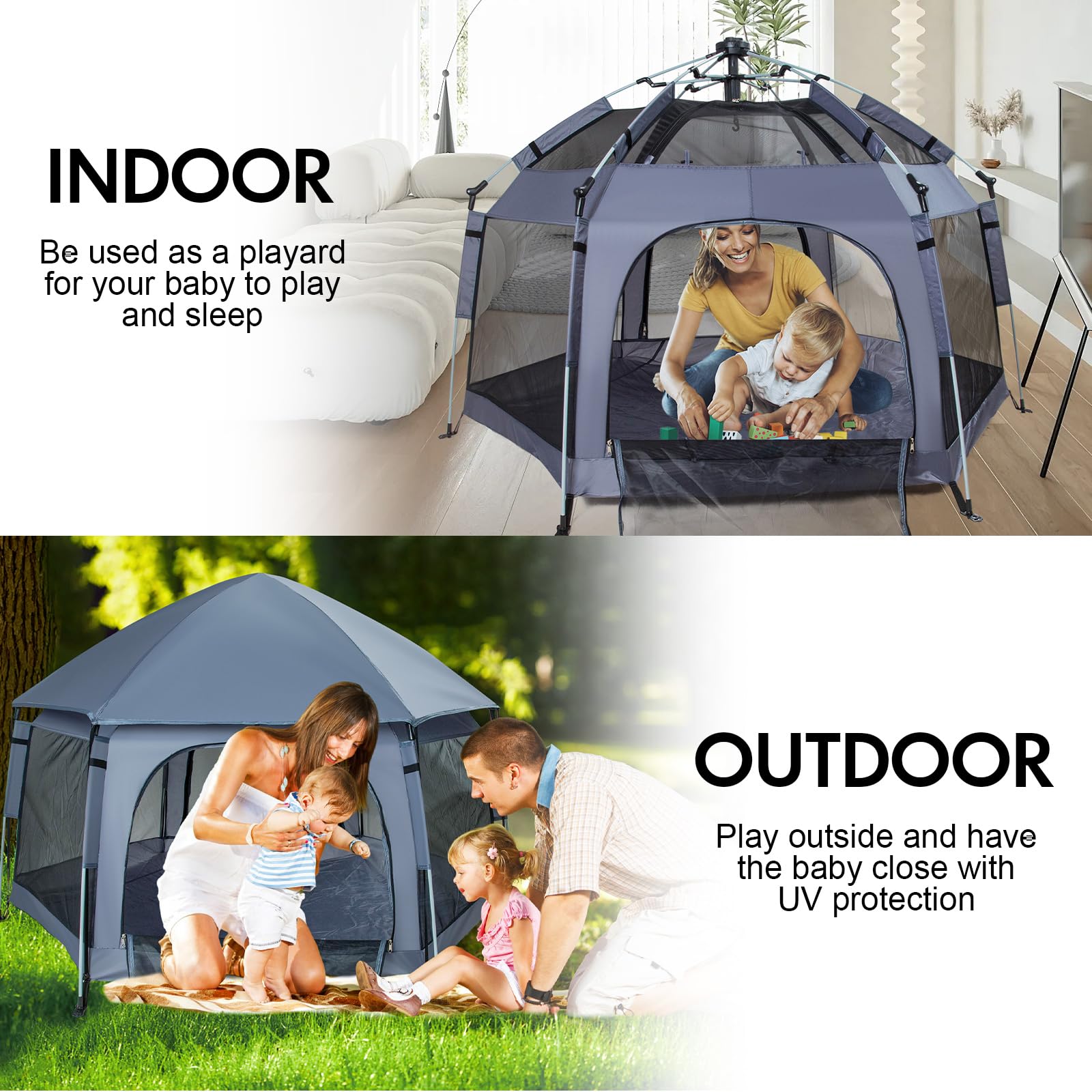 **Premium Indoor & Outdoor Baby Playpen - Portable Lightweight Pop-Up Play Yard with Canopy & Travel Bag - Safe Play Space for Toddlers - Ideal for Home, Travel, Beach & Park (Grey)**