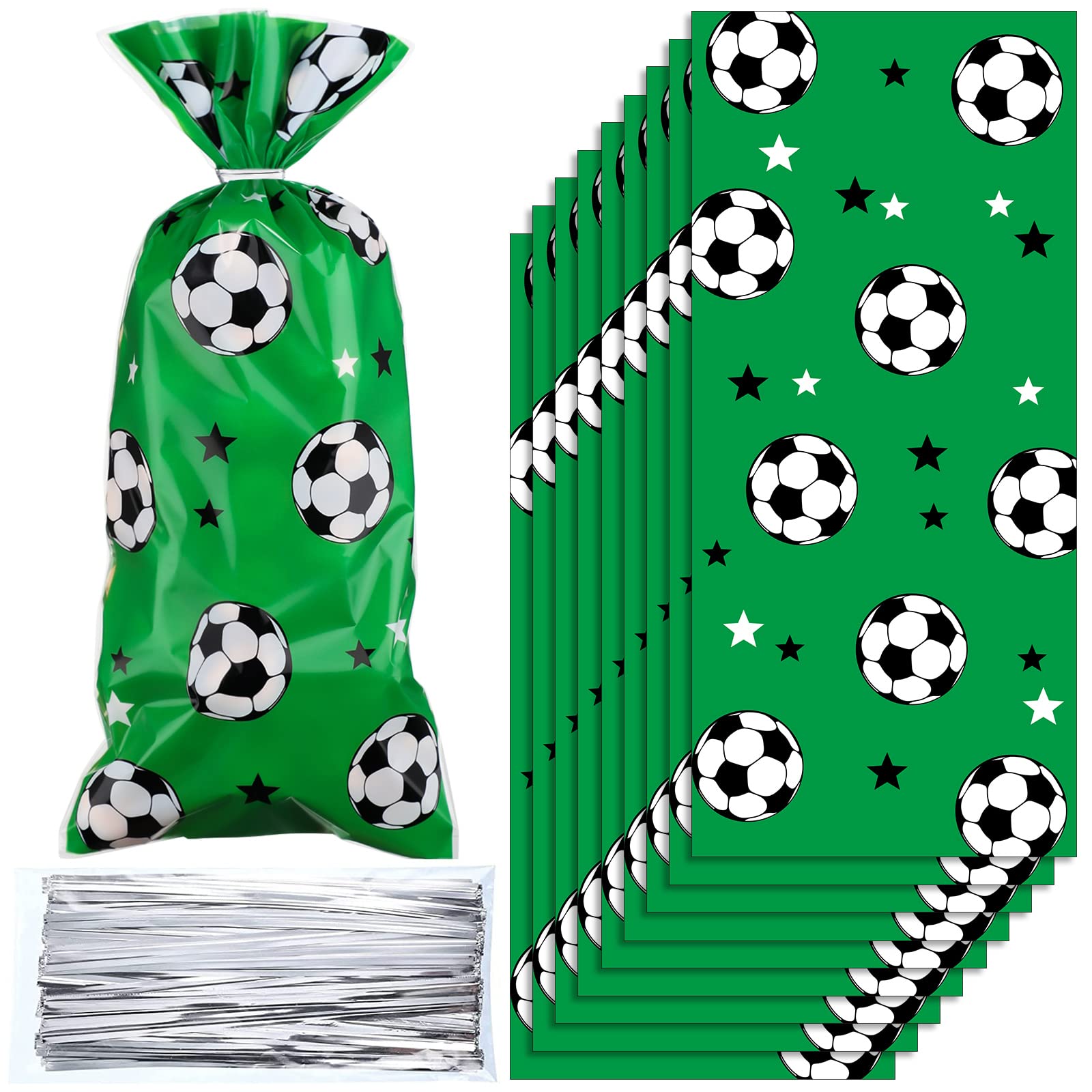Blulu 100-Pack Green Soccer Treat Bags - Heat Sealable Football Cellophane Candy Favor Bags with Silver Twist Ties for Birthday Parties, Team Celebrations & Sports Events