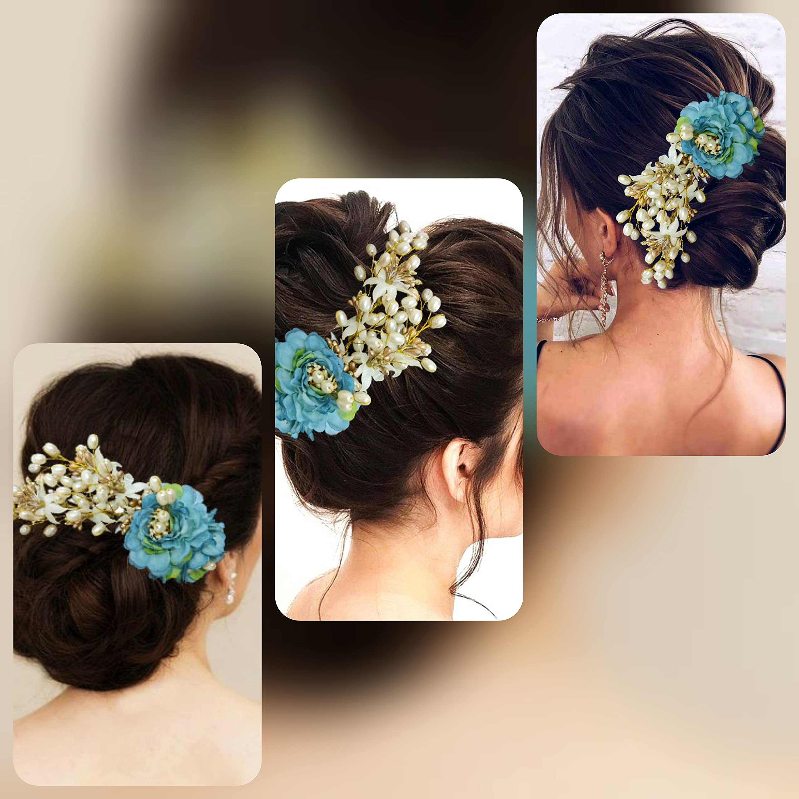 Artificial Peony Flower Hair Comb with Pearls - Elegant Hair Slide & Bun Accessory for Women & Girls (Blue) | Perfect for Weddings, Prom & Special Occasions