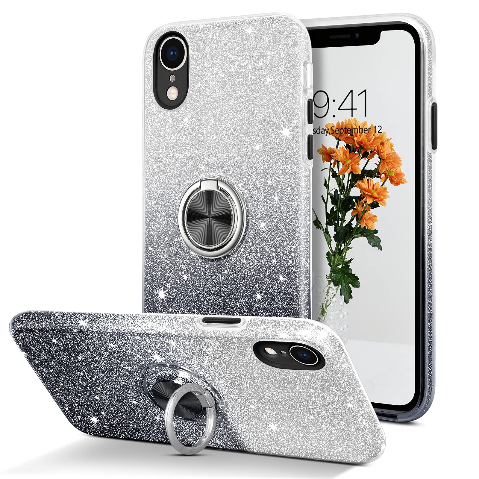BENTOBEN iPhone XR Case - Sparkly Glitter Slim Protective Cover with 360° Ring Holder & Kickstand | Dual Layer Shockproof Design | Car Mount Compatible | Perfect for Women & Girls (Black) | Ideal for Everyday Use, Work & Travel