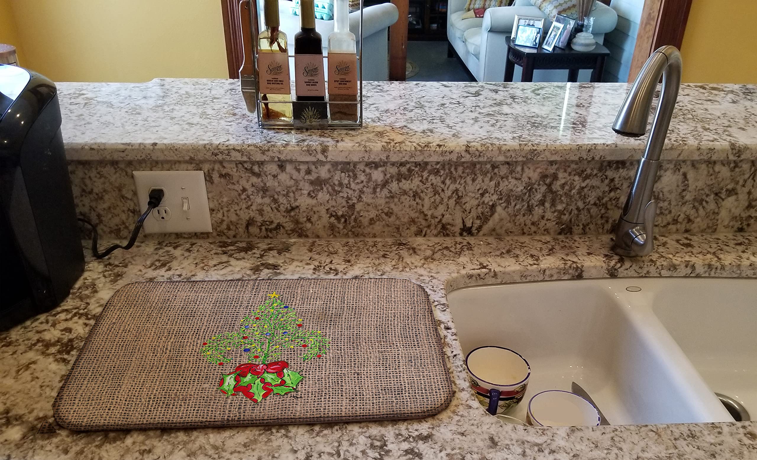 Christmas Tree Fleur de Lis Dish Drying Mat - Absorbent Kitchen Counter Mat for Holiday Decor