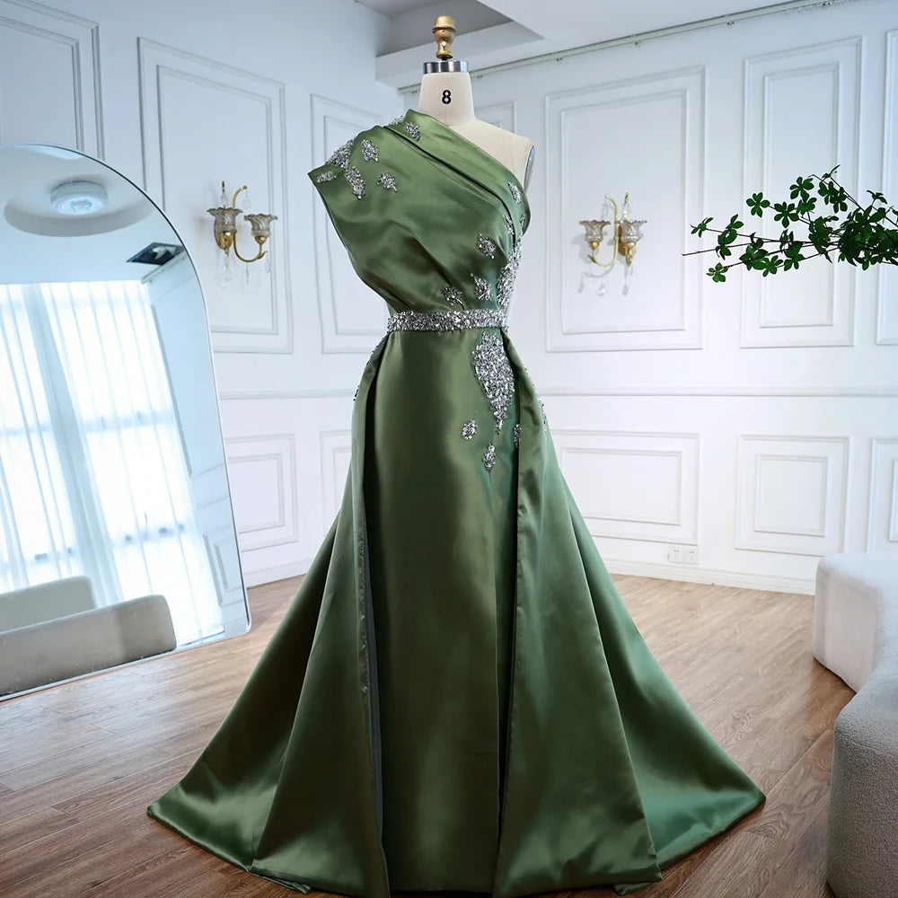 Elegant Dark Green Satin Beaded One Shoulder Evening Gown LA72845 - Perfect for Prom, Cocktail Parties & Formal Events