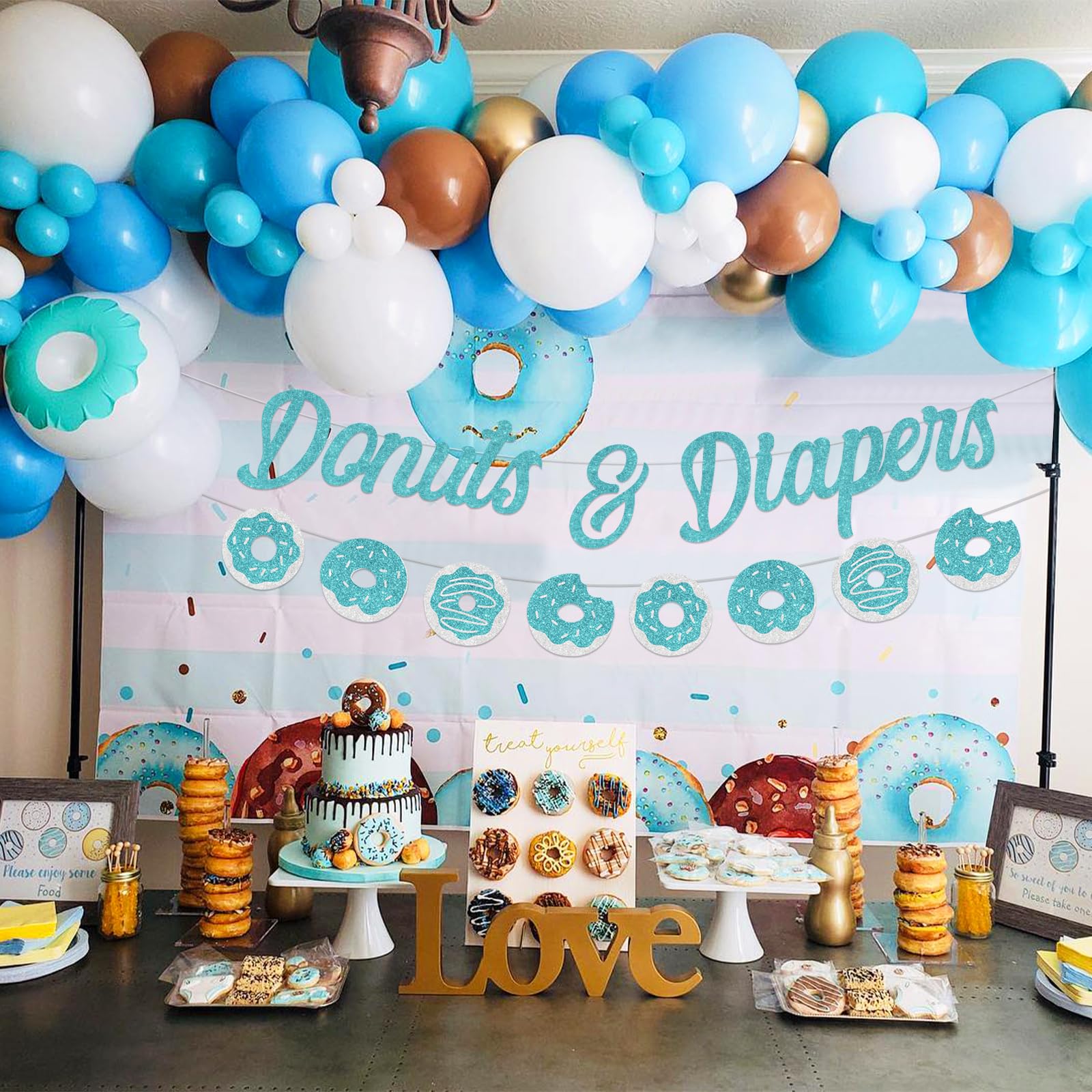 Donut Baby Shower Decorations Set - Diaper Donut Banner Garland in Teal for Gender Neutral Baby Sprinkle Parties | Perfect for Nursery Decor & Newborn Celebration