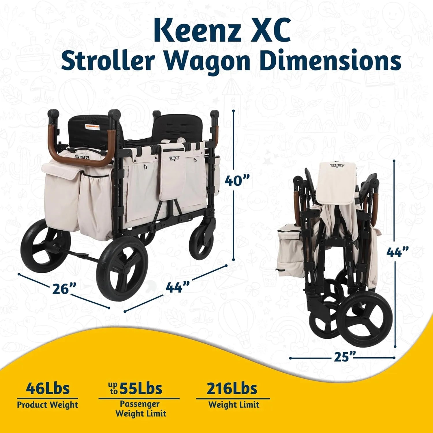 XC 2.0 Luxury 2 Passenger Stroller Wagon - Premium Cream Color for Kids | Perfect for Park Outings, Beach Trips & Family Walks