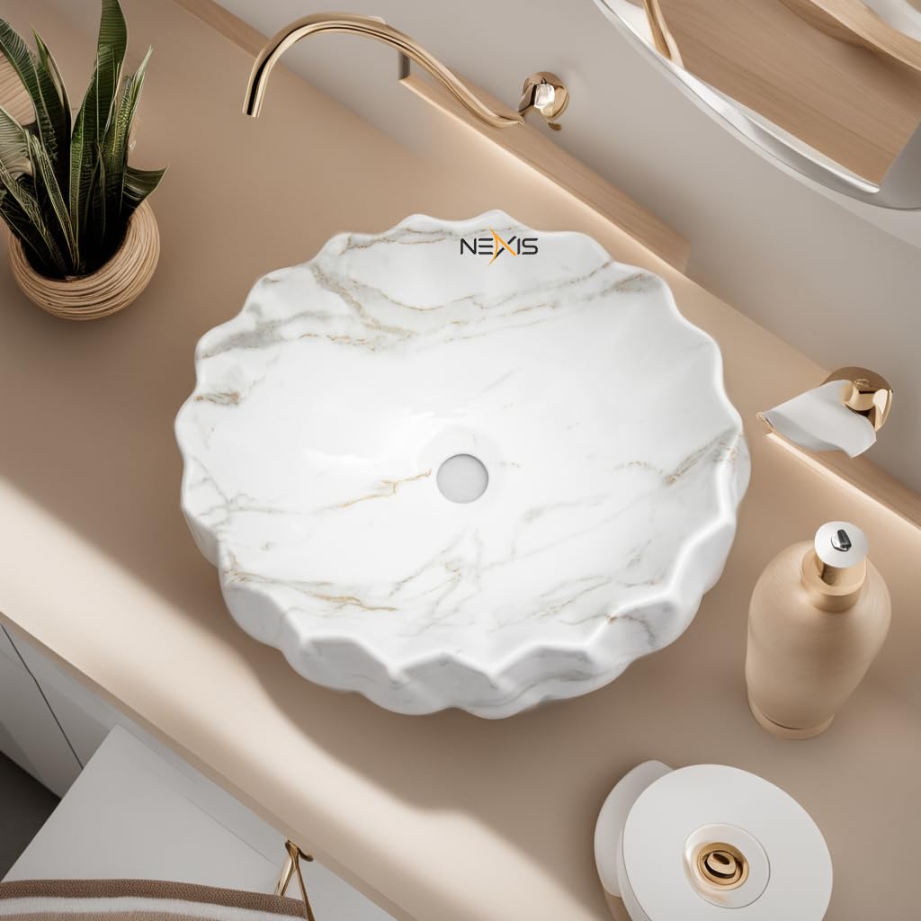 NEXIS Designer Glossy Finish Ceramic Vessel Sink - 16x16x5 Inch Art Wash Basin for Bathroom Vanity | Modern Table Top Sink in Lizza 603 White Brown | Perfect for Contemporary Home & Luxury Hotel Decor