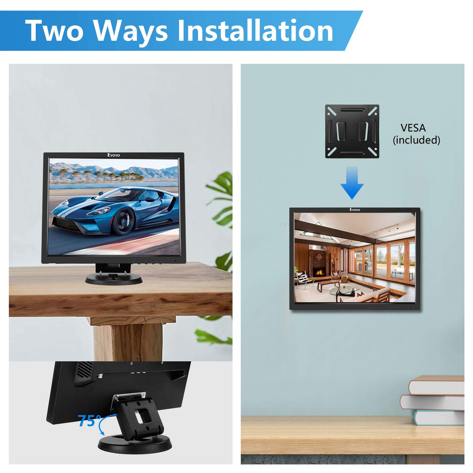 Eyoyo 14 Inch LCD HDMI Monitor - 1024x768 Resolution, VGA Display for Security Cameras with HDMI/VGA/AV/BNC Inputs, Built-in Speakers & Remote Control - Ideal for Surveillance, Gaming & Home Office Use