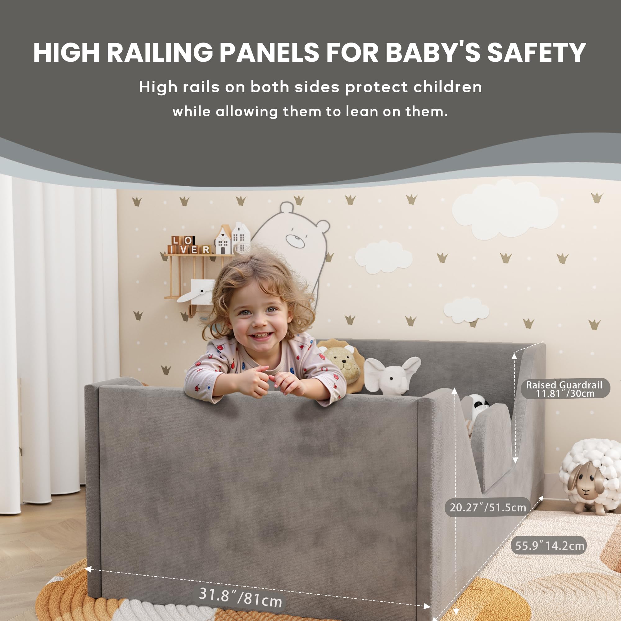 **Safe & Sturdy Toddler Floor Bed with Guard Rails for Kids 2-6 Years | Standard Crib Mattress Compatible | Certified Fabric Toddler Bed (Big Gray) – Perfect for Montessori Bedrooms & Child Safety**