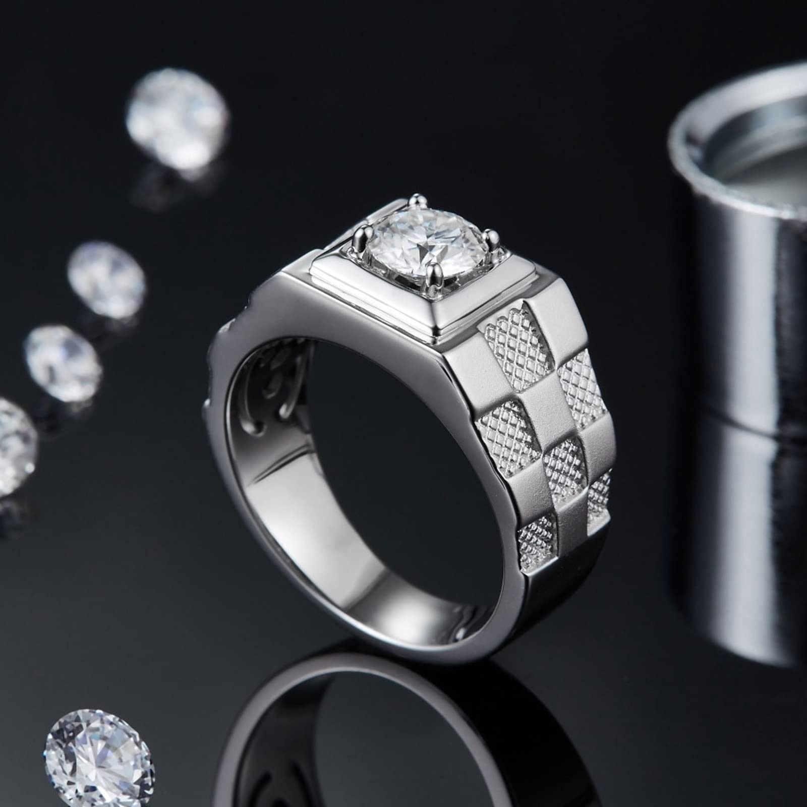 Men's Promise Rings Sterling Silver - White Gold Grid Wide Band with Zirconia - Wedding, Engagement & Anniversary Jewelry for Him - Perfect Gift for Boyfriend, Husband & Special Occasions