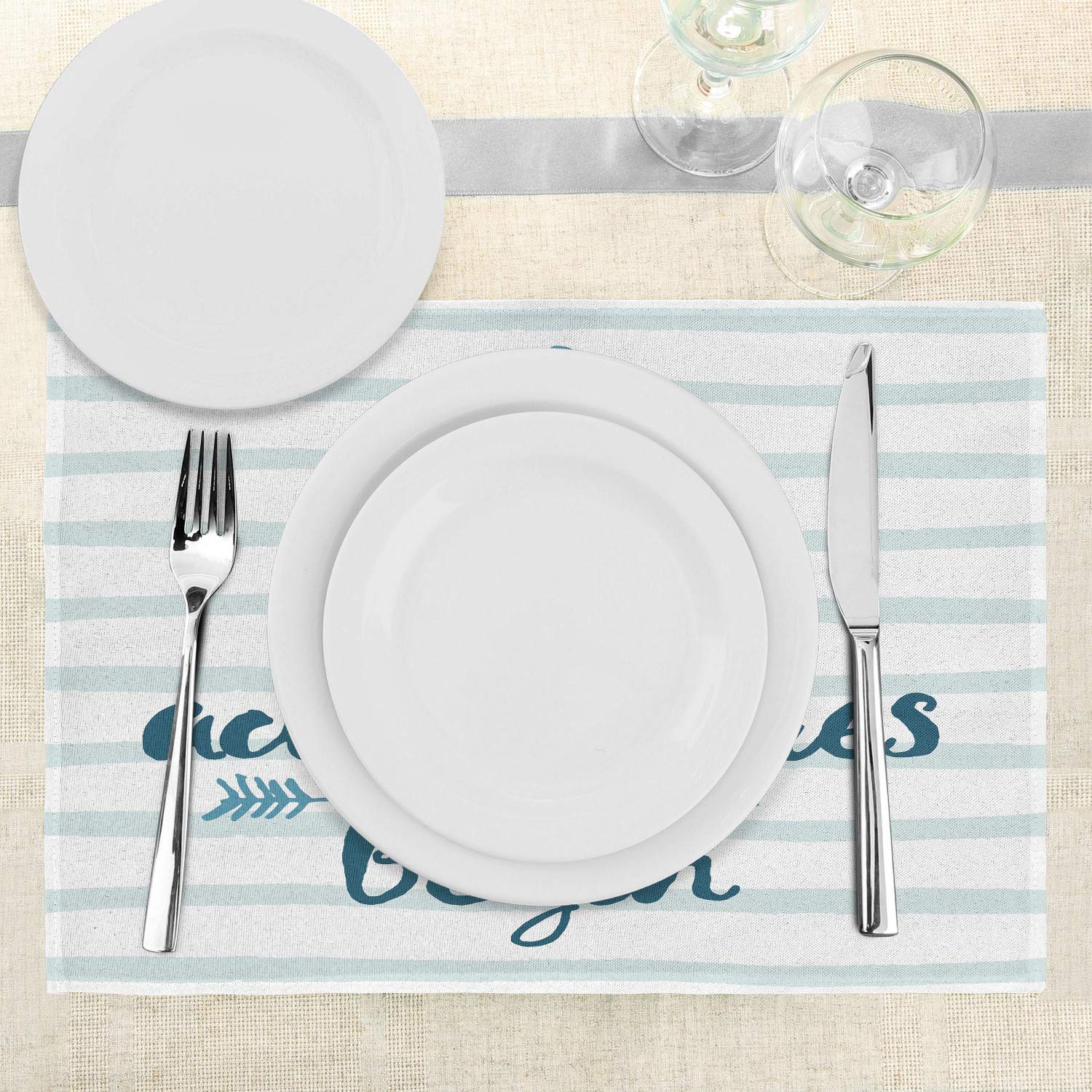 Ambesonne Nautical Stripes Anchor & Arrow 4-Piece Placemats Set - Washable Fabric Dining Table Mats for Cruise, Travel & Sea-Themed Decor - Standard Size in Night Blue & Pale Blue - Perfect for Beach House, Coastal Kitchen & Cruise Ship Dining