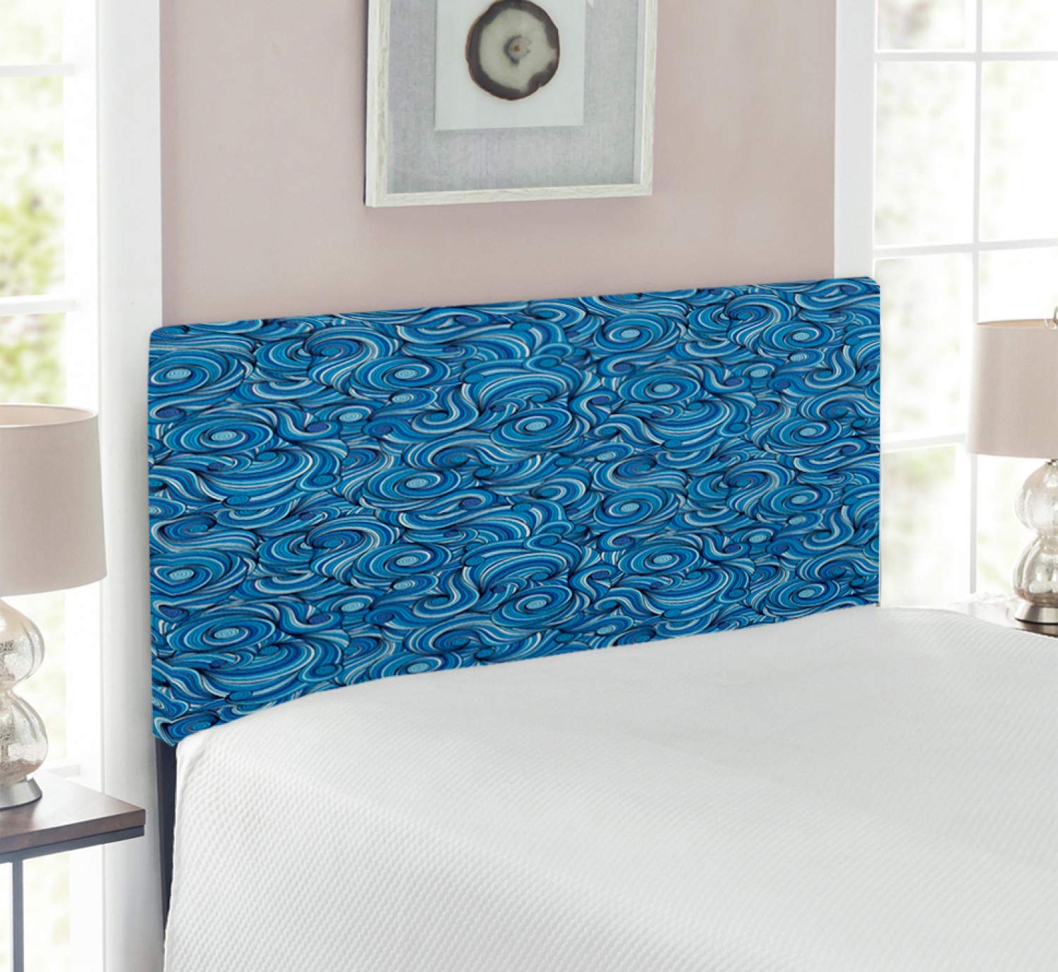 Ambesonne Asian Upholstered Headboard - Zentangle Style Swirling Circles & Tribal Lines, Decorative Metal Bed Headboard with Memory Foam, Twin Size in Pale Blue & Navy Blue - Perfect for Bedroom, Guest Room & Dorm Decor