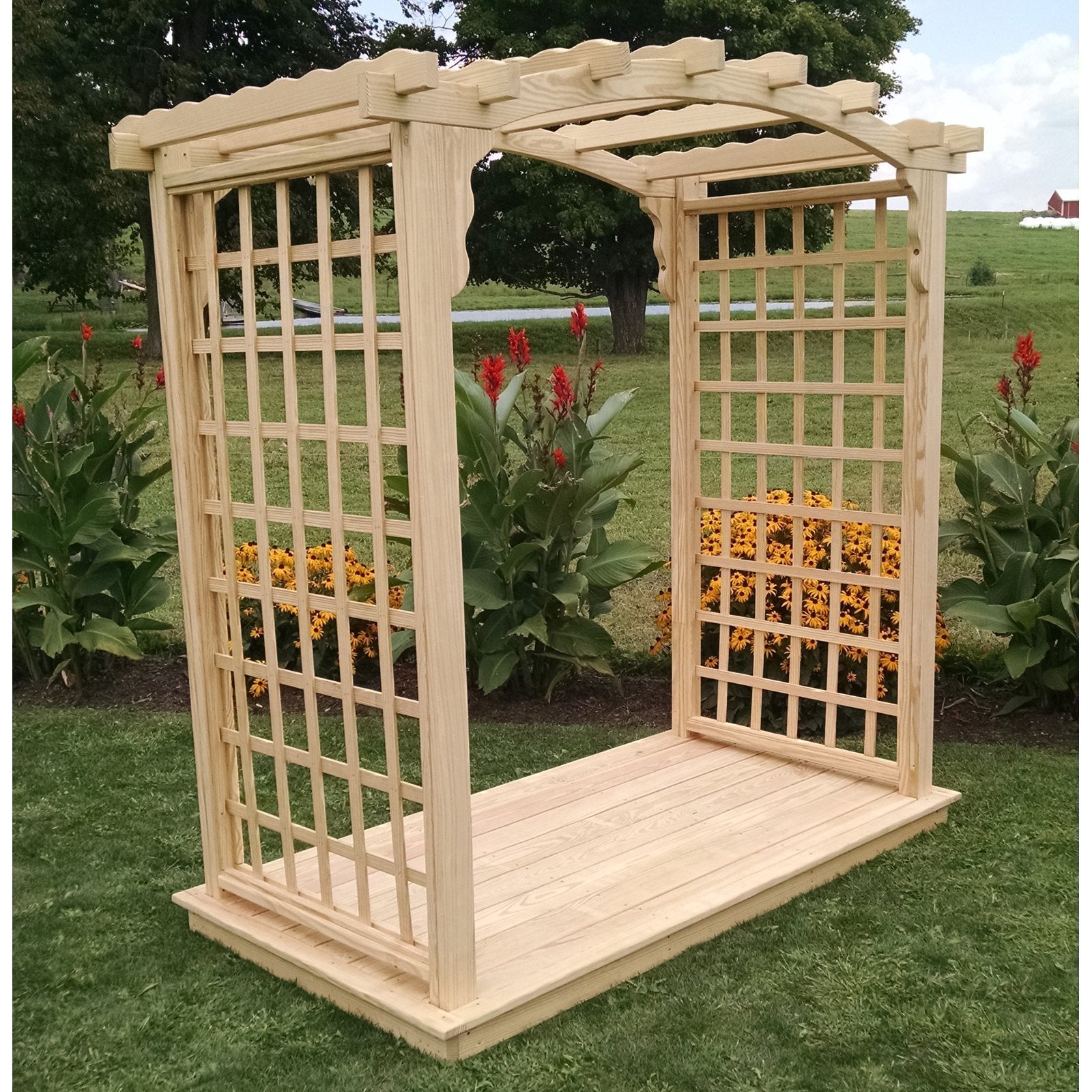 Amish Handcrafted Cedar Wood Cambridge Arbor & Deck - Premium Outdoor Garden Structure for Patio, Backyard, and Wedding Decor