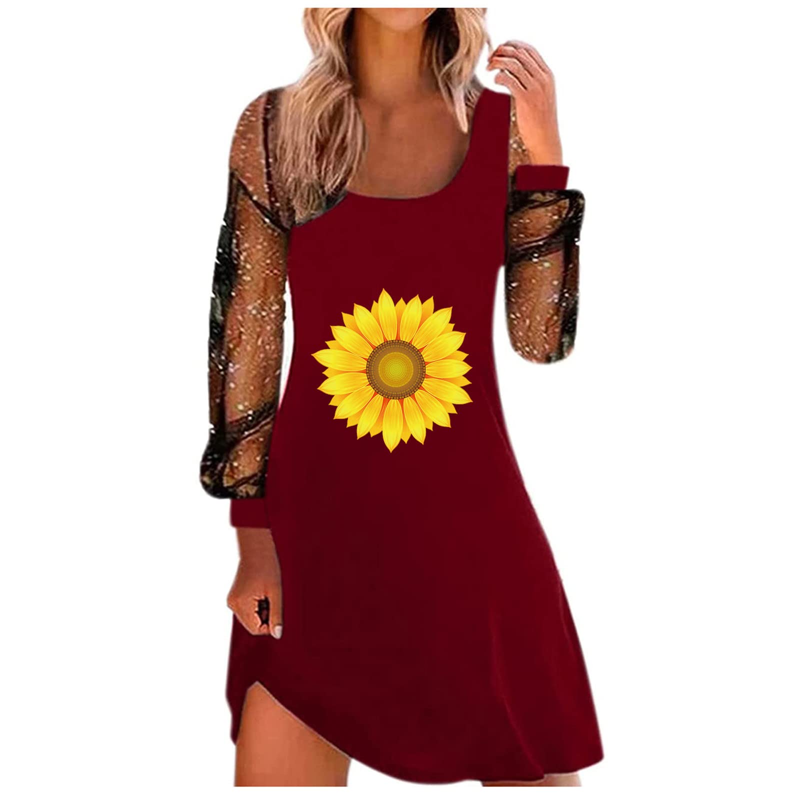 Trendy Women's Autumn Floral Print Loose Long Sleeve Dress - Comfortable O-Neck Hollow Out Design for Summer & Fall - Perfect for Mother's Day Gifts, Date Nights & Office Wear