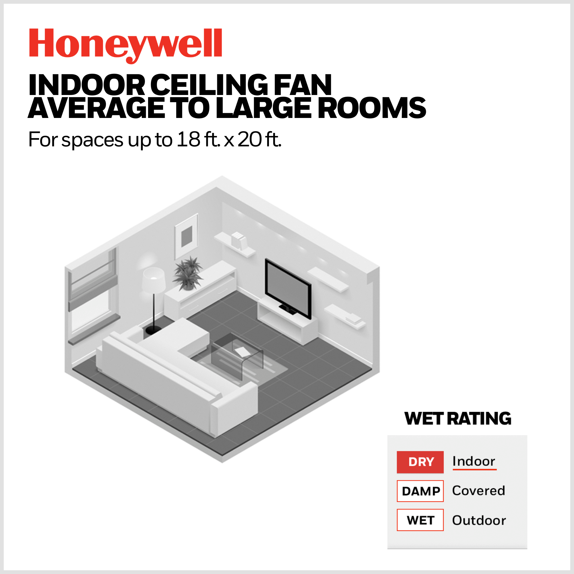 52 Inch Honeywell Graceshire Matte Black Ceiling Fan with LED Ring Light & Remote Control - Perfect for Living Room, Bedroom, and Outdoor Patio Cooling