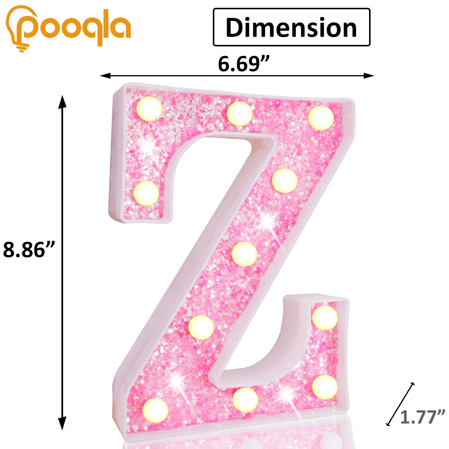 Pooqla LED Marquee Letter Lights - Pink Glitter Alphabet Sign with Battery Power for Night Light, Birthday Party, Wedding, Home Bar & Christmas Decor - Perfect Gift for Girls (Letter Z) | Bedroom, Nursery, Photo Booth & Event Decorations