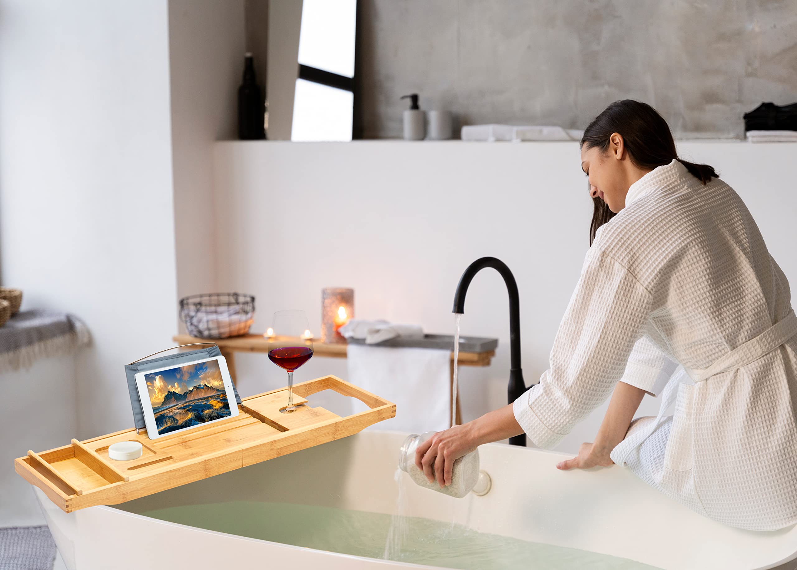 RoyalHouse Expandable Bamboo Bathtub Caddy Tray - Adjustable Bath Table Organizer with Wine Glass & Book Holder - Perfect for Relaxing Baths, Spa Days & Gift Giving (Phone Stand Included)