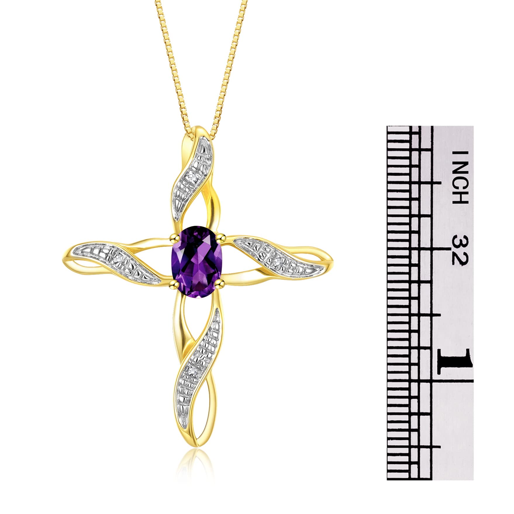Rylos 925 Sterling Silver Yellow Gold Plated Cross Pendant Necklace with Gemstone & Diamonds - 18