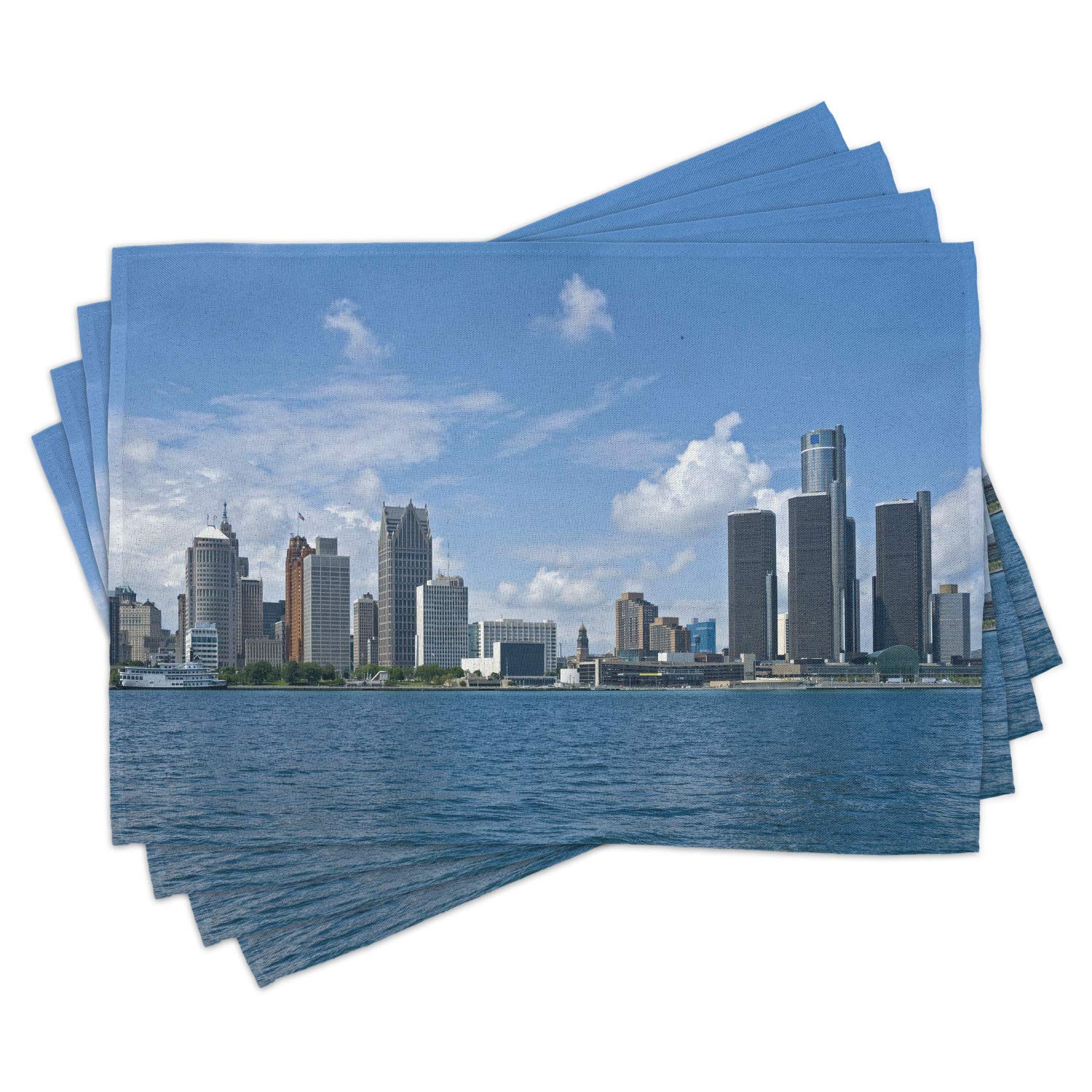 Ambesonne Detroit Placemats Set of 4 - Waterproof Washable Fabric Place Mats with Downtown Detroit GM Renaissance Center Design - Perfect for Dining Room, Kitchen Table Decor in Pale Blue White Grey - Ideal for Dinner Parties, Family Gatherings & Holiday Meals