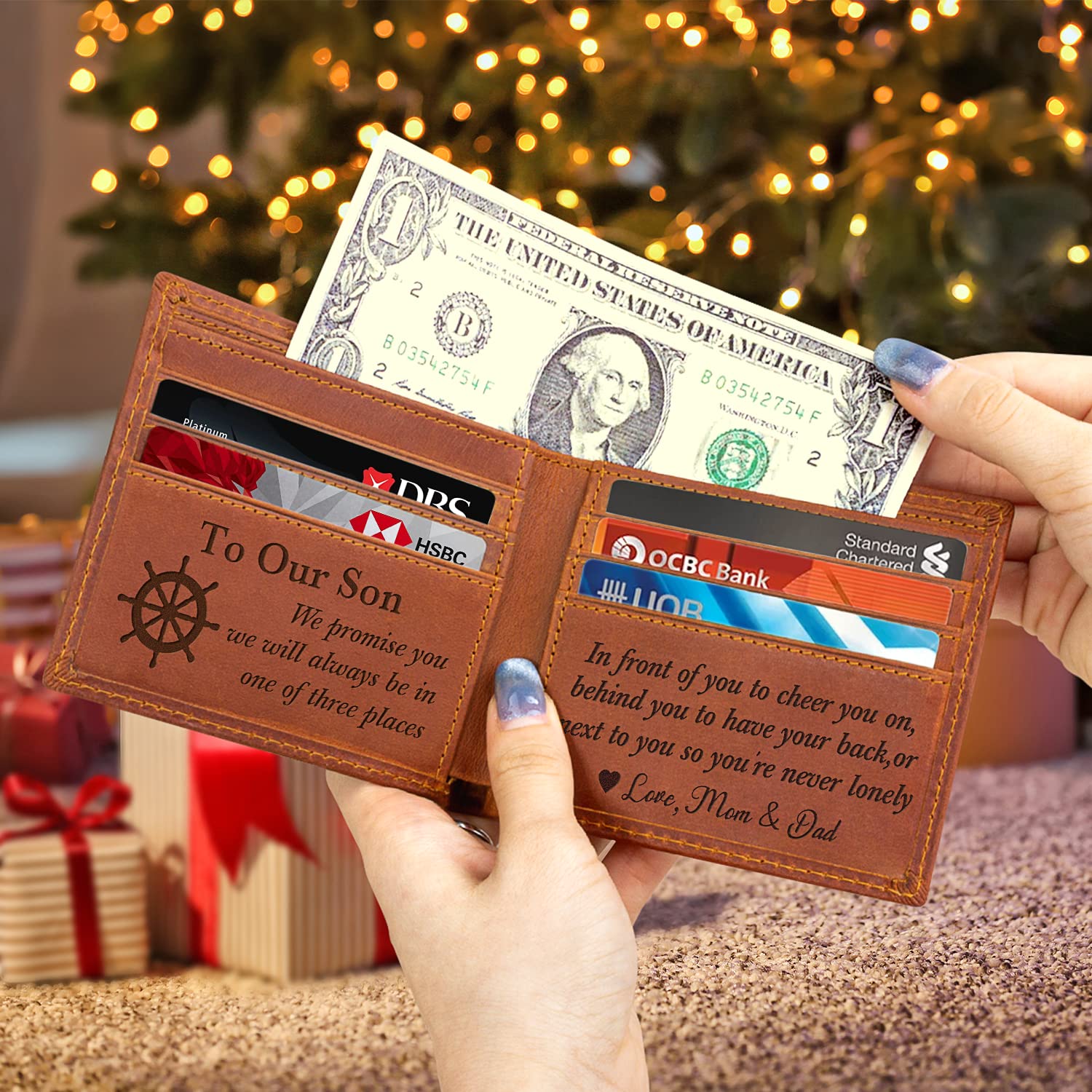 Personalized Leather Wallet for Son - Engraved Gift from Mom & Dad | Christmas, Birthday, Graduation Present | Durable RFID-Blocking Mens Wallet for Everyday Use & Special Occasions