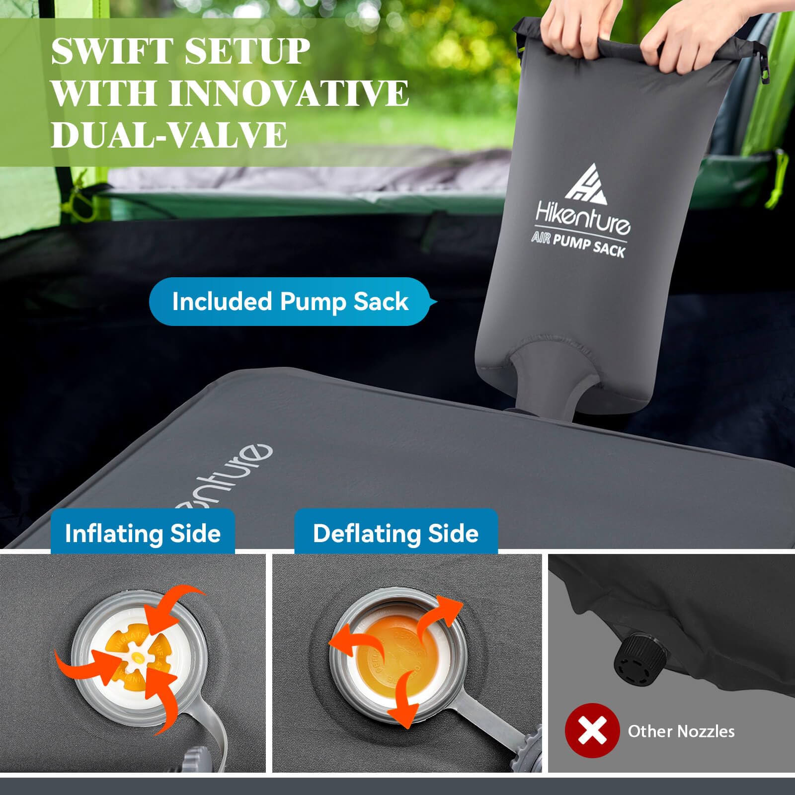 Hikenture 4 Inch Thick Self Inflating Sleeping Pad with 9.5 R Value - Ultra Comfortable Camping Mattress with Pump Sack, Insulated Inflatable Foam Pad for All Seasons | Perfect for Backpacking, Hiking, RV Trips & Outdoor Adventures