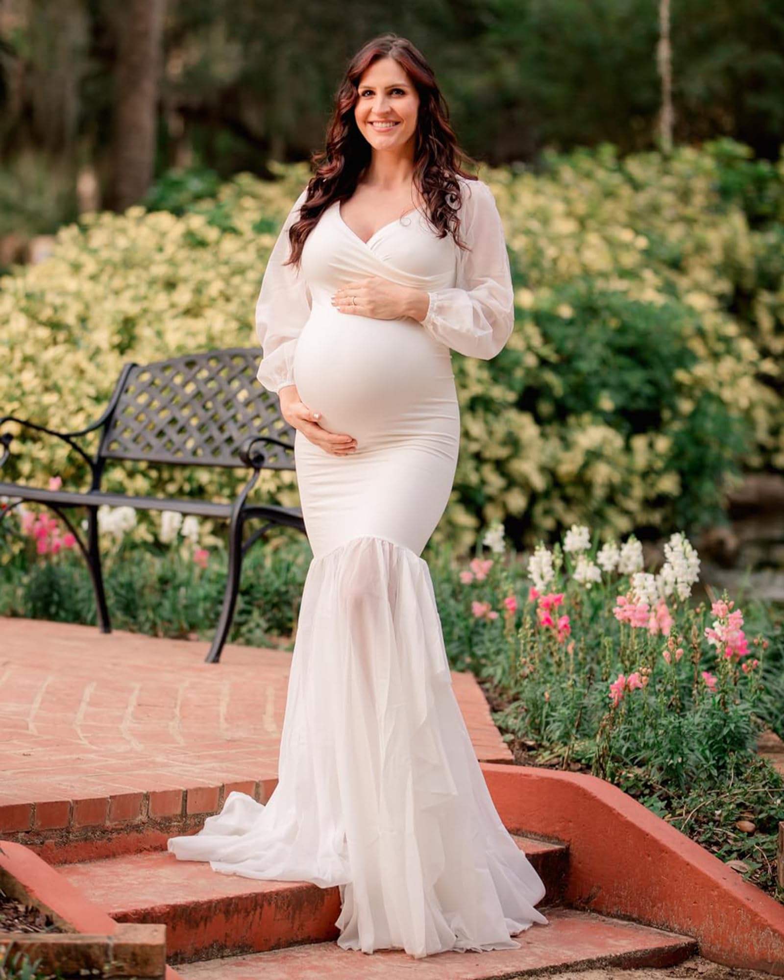 Saslax Elegant Long Sleeve Chiffon Mermaid Maternity Dress for Photoshoot, Baby Shower, Pregnancy Photos, and Special Occasions