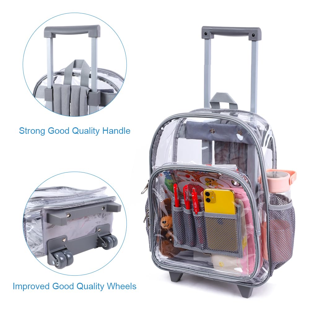 Durable Rolling Clear Backpack - Heavy Duty Cold-Resistant Transparent PVC Wheeled Backpack for School, Travel & Security Checks (Grey)