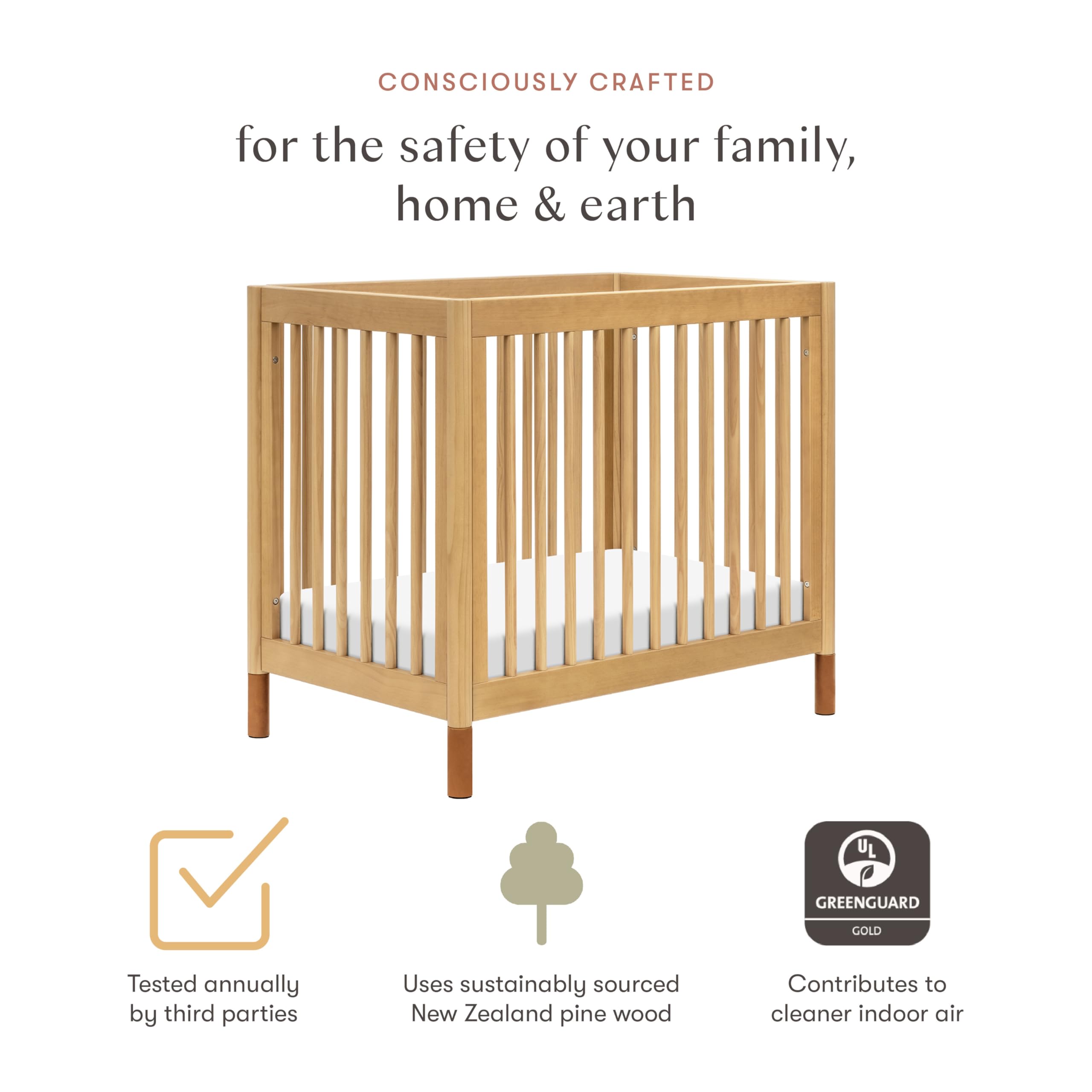 Babyletto Gelato 4-in-1 Convertible Mini Crib - GREENGUARD Gold Certified Wooden Toddler Bed, Daybed & Twin Bed with 4 Adjustable Heights - Space-Saving Nursery Furniture for Small Rooms - Honey Finish with Vegan Tan Leather - Ideal for Newborns, Infants & Toddlers in Apartments or Shared Bedrooms