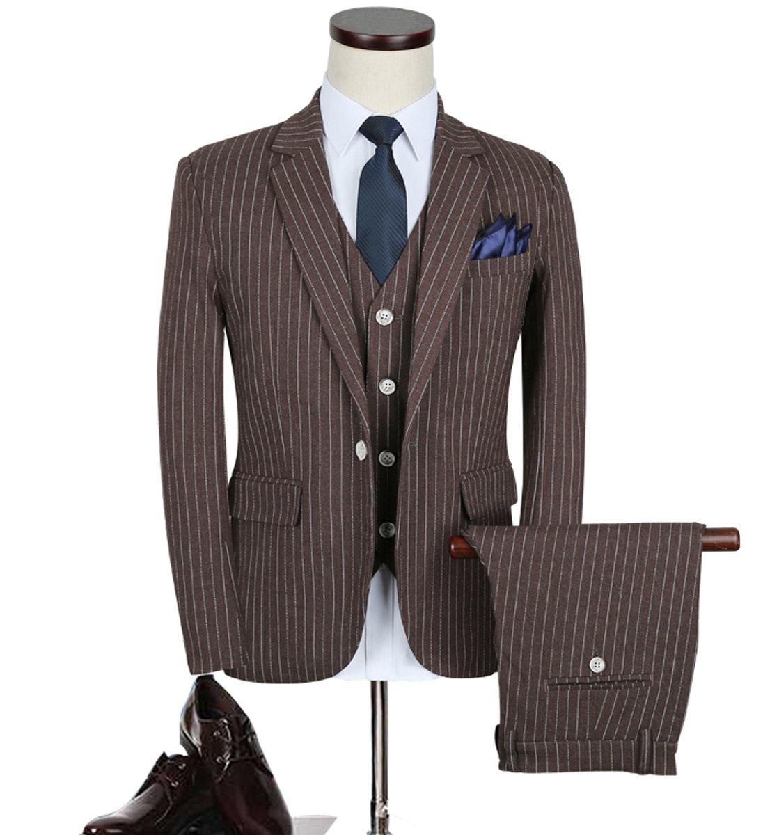 Fitty Lell Grey Men's 3-Piece Striped Suit Set - Slim Fit One Button Wedding Blazer, Formal Tuxedo Vest & Dress Pants for Business, Prom & Special Occasions