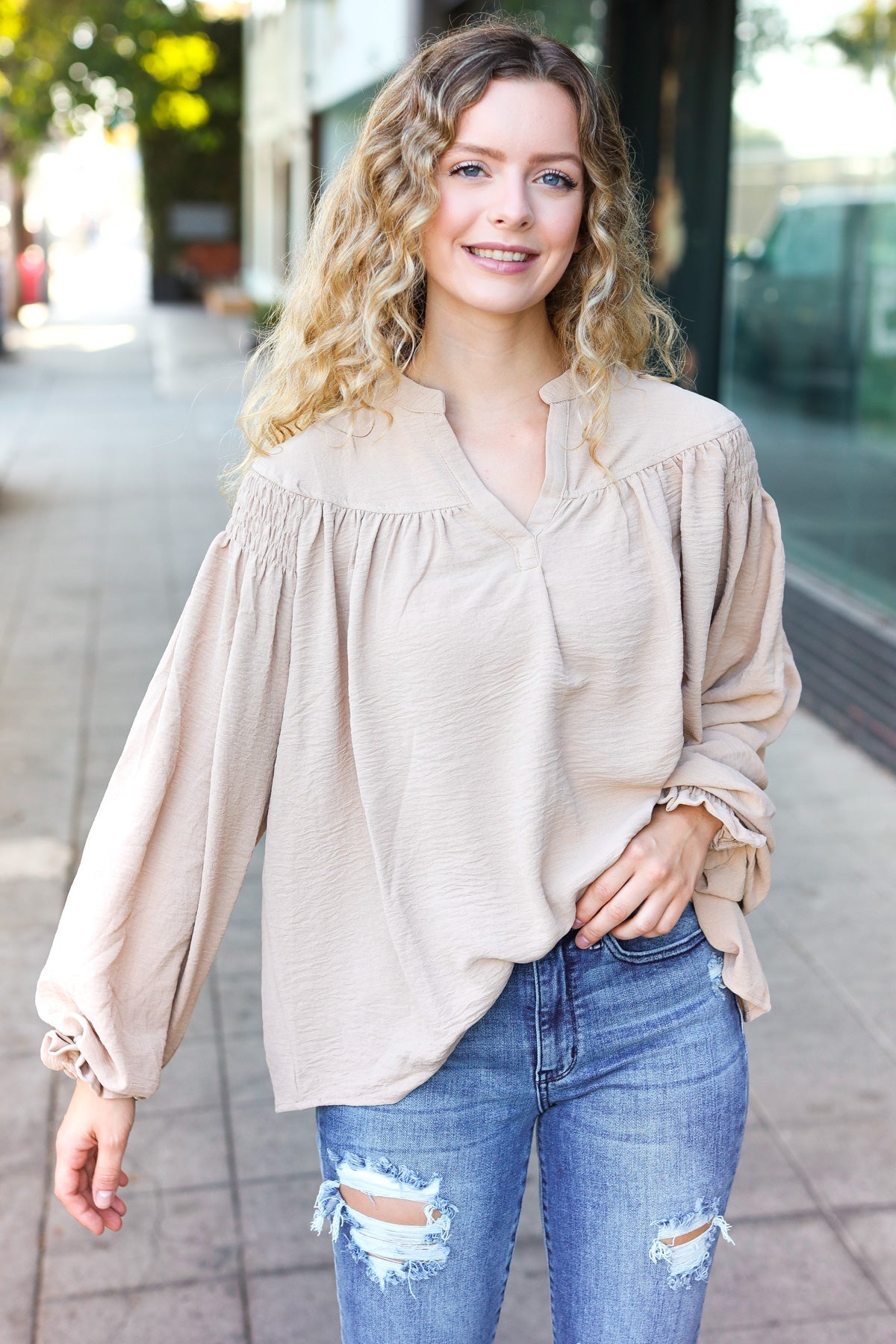 Boho Chic Taupe Smocked Bubble Sleeve Blouse with Notched Neckline - Perfect for Summer Festivals & Beach Vacations