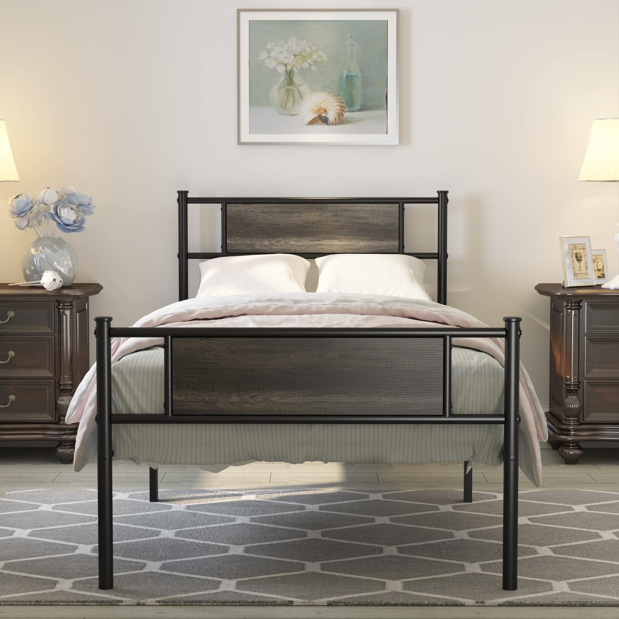 Weehom Twin Bed Frame with Headboard - 12.7 Inch Sturdy Metal Platform Bed Frame, No Box Spring Needed, Heavy Duty Steel Slat Support, Easy Assembly - Perfect for Kids Rooms, Guest Rooms & Small Spaces