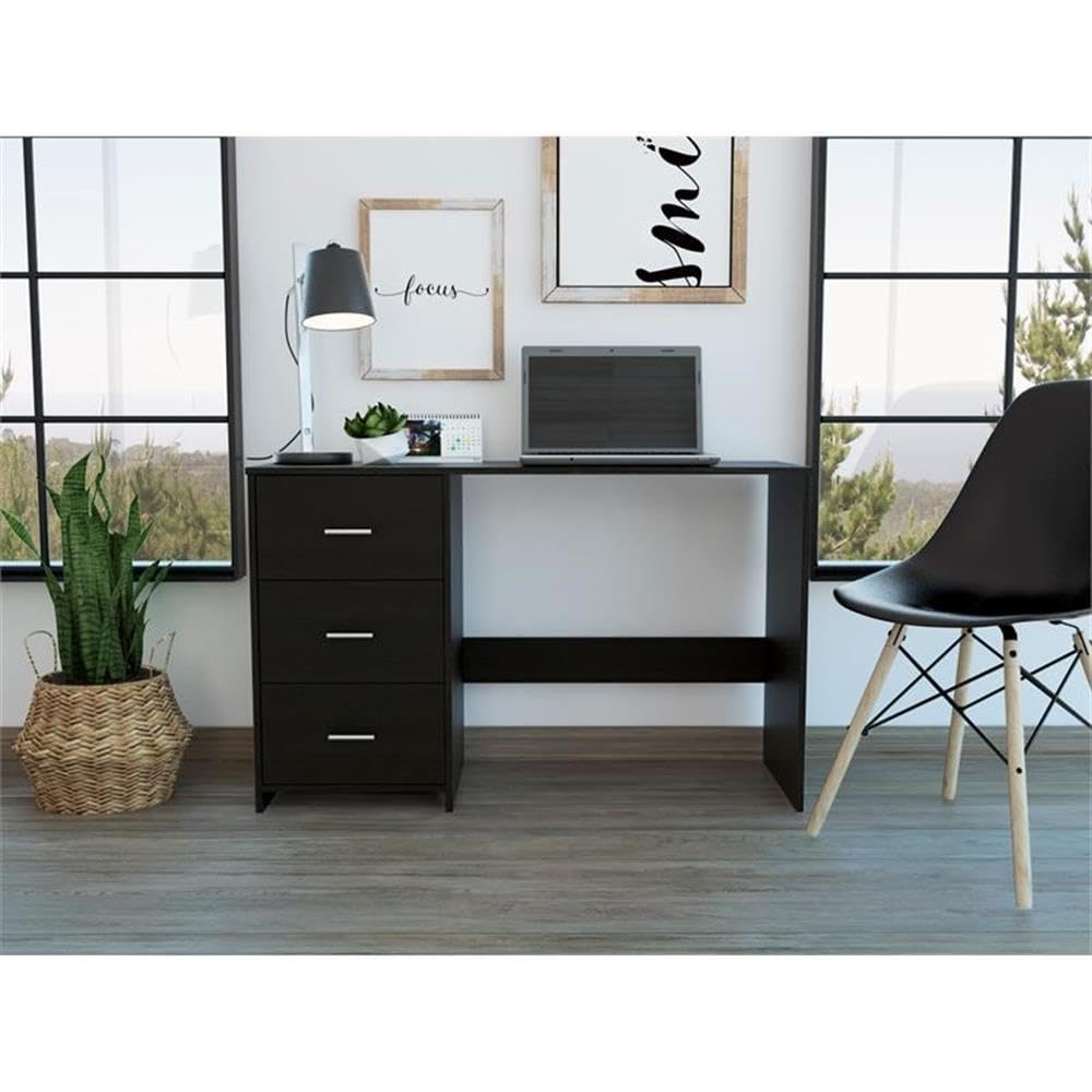 TUHOME Classic Black Computer Desk with 3 Drawers - Sturdy Home Office Desk for Study, Work & Gaming