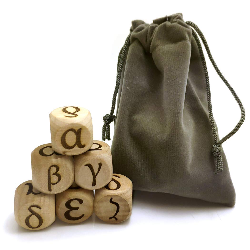 20MM Wooden Dice Set - Greek Alphabet Pattern, 6-Piece Creative Wood Rolling Dices for Board Games, Party Decider, D&D, Tabletop RPG Accessories - Perfect for Game Nights & Roleplaying Adventures