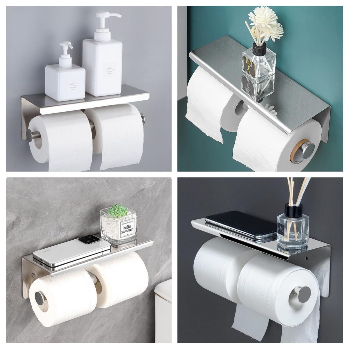 Double Toilet Paper Holder with Phone Shelf - Stainless Steel Wall Mounted Tissue Dispenser - Dual Roll Bathroom Organizer - SUS304 Commercial Grade - Perfect for Home, Office & Public Restrooms (Silver)