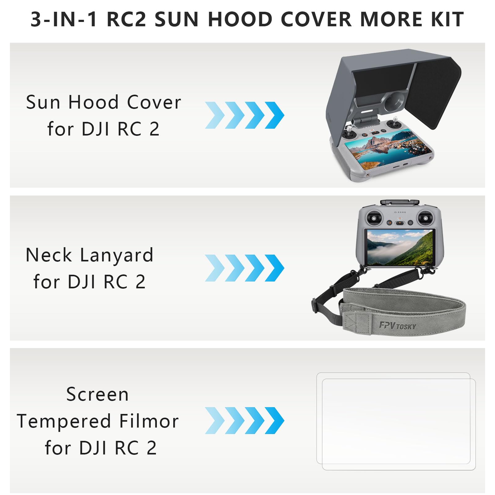 FPVtosky DJI Mini 4 Pro / Air 3 RC 2 Controller Accessories Kit - Sun Hood Cover, Lanyard, Screen Protectors (2 Pack) - Perfect for Outdoor Drone Flying and Aerial Photography