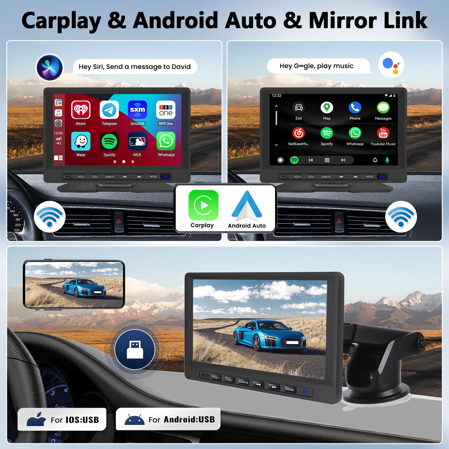 7-inch Portable Car Stereo with Wireless Apple CarPlay & Android Auto - Touchscreen Bluetooth FM Receiver with Steering Wheel Control, Voice Command & AUX Input (7V-32V) - Perfect for Road Trips, Commuting & Hands-Free Driving