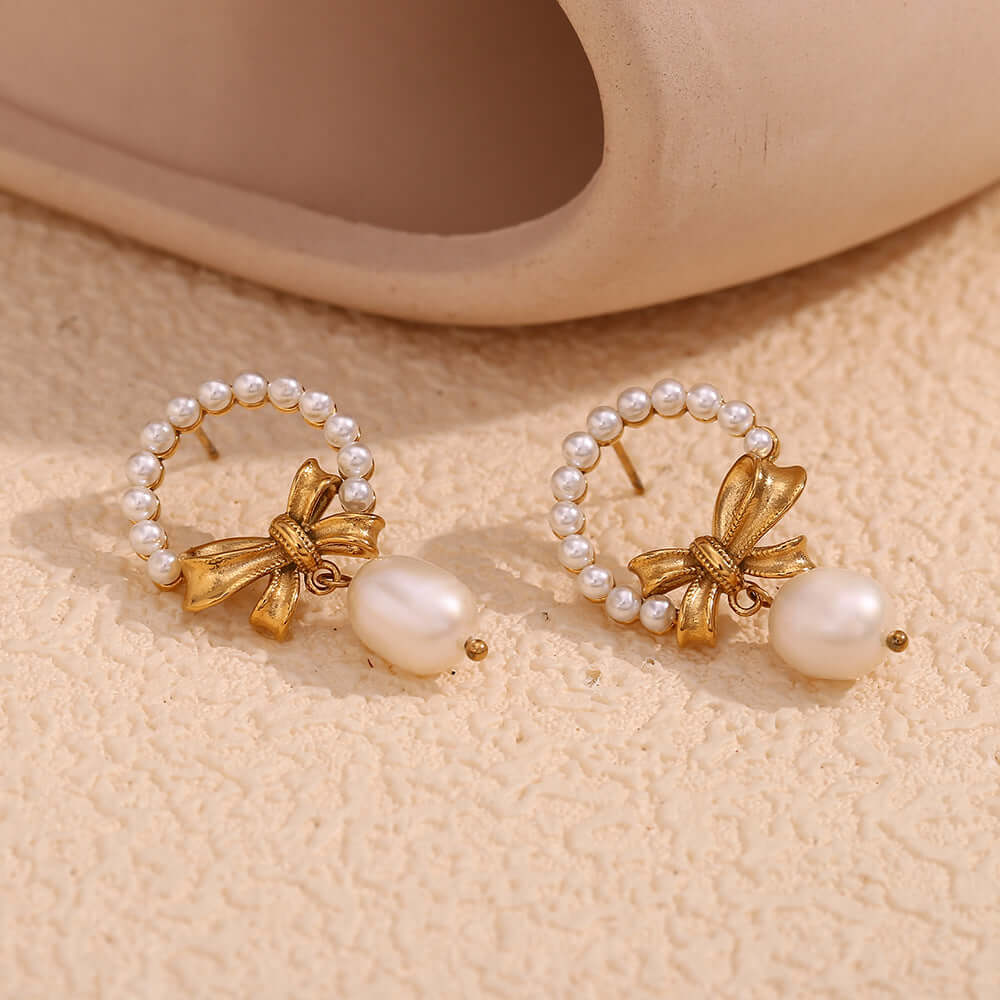 Elegant Gold Bow Pearl Drop Earrings for Women - Classic Dangle Earrings for Bridal, Party & Special Occasions | E7853