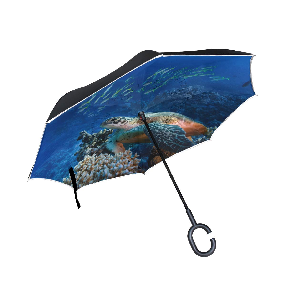 Senya Double Layer Inverted Umbrella with Sea Turtle & Coral Reef Design - Reverse Folding Compact Umbrella with C-Shape Handle for Car, Travel & Golf | Perfect for Rainy Days, Beach Outings & Outdoor Activities