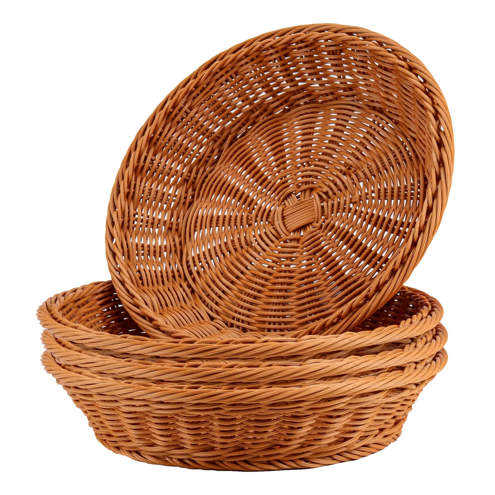 JAPCHET 4 Pack 12 Inch Round Wicker Bread Baskets - Natural Woven Rattan Fruit Serving Bowls for Bread, Pastries, Vegetables | Perfect for Kitchen, Dining Table, Restaurant Buffet & Outdoor Picnics