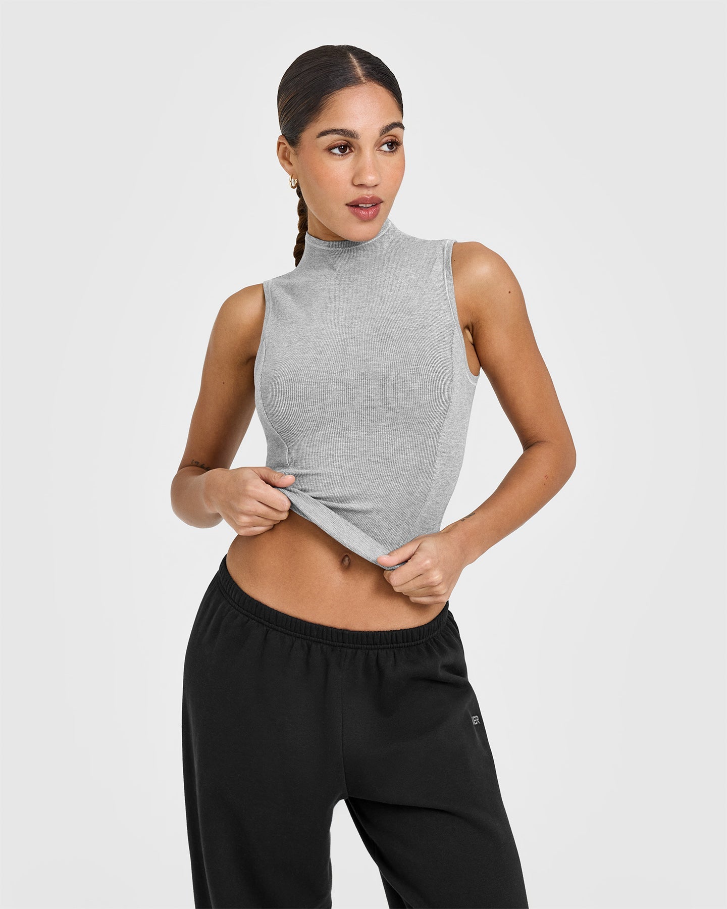 Mellow™ Rib Mock Neck Tank Top for Women - Soft Stretchy Charcoal Marl Casual Wear | Perfect for Layering, Workouts, and Everyday Comfort