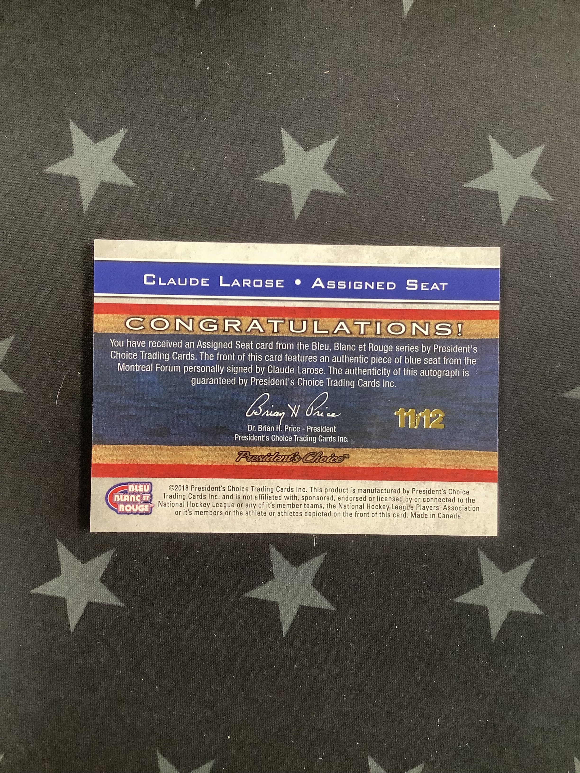 2018 President's Choice Bleu Blanc et Rouge Claude Larose Assigned Seat Patch Auto/12 - Rare Hockey Collectible for NHL Fans & Memorabilia Enthusiasts