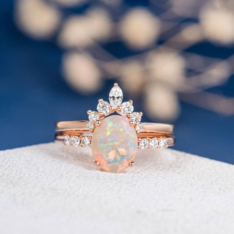 Antique Lab Opal Engagement Ring Set - Rose Gold Bridal Set with Natural Marquise Diamond & Oval Cut Opal - Unique Women's Wedding Band Cluster Ring (2pcs) for Anniversary, Proposal & Special Occasions