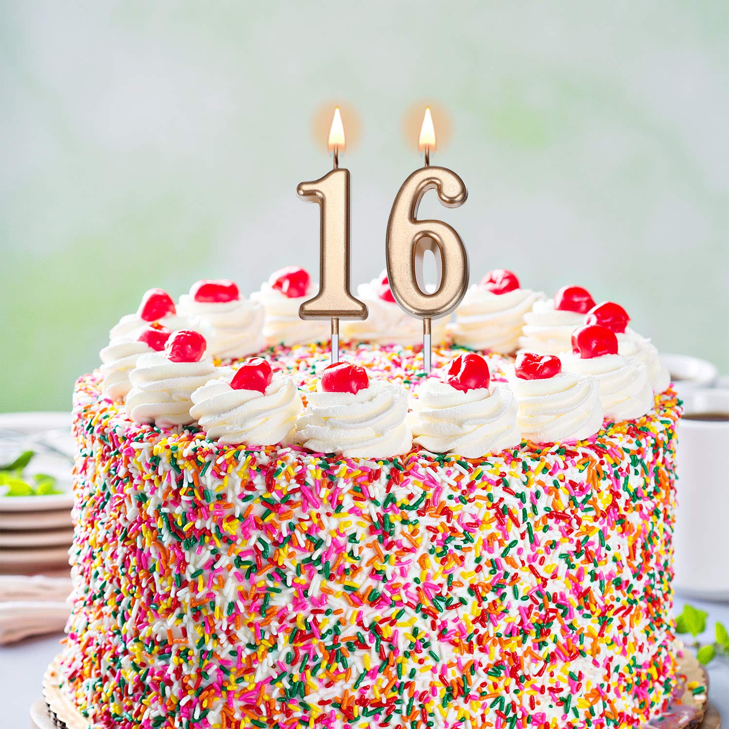 16th Birthday Candles - Gold Number Cake Toppers for Sweet 16 Party, Wedding & Anniversary Celebrations - 3.54 Inch Champagne Gold Cake Decorations (Perfect for Birthday Cakes, Cupcakes & Dessert Tables)