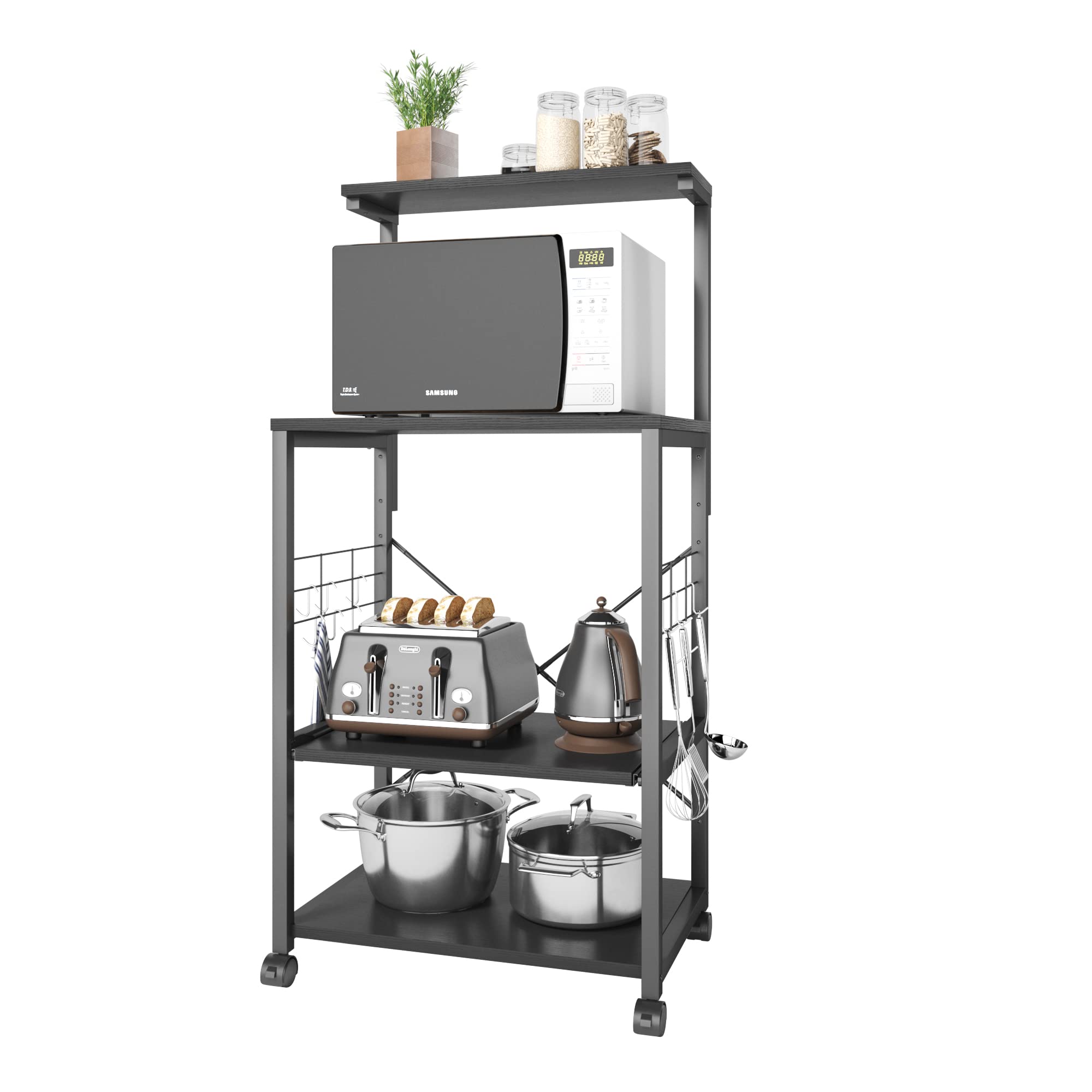 Bestier Kitchen Bakers Rack with Microwave Stand - 3-Tier Rolling Utility Cart with 10 Hooks & Adjustable Feet - Perfect for Small Kitchen Storage, Pantry Organization & Baking Supplies - Ideal for Apartments, Dorms & Compact Spaces
