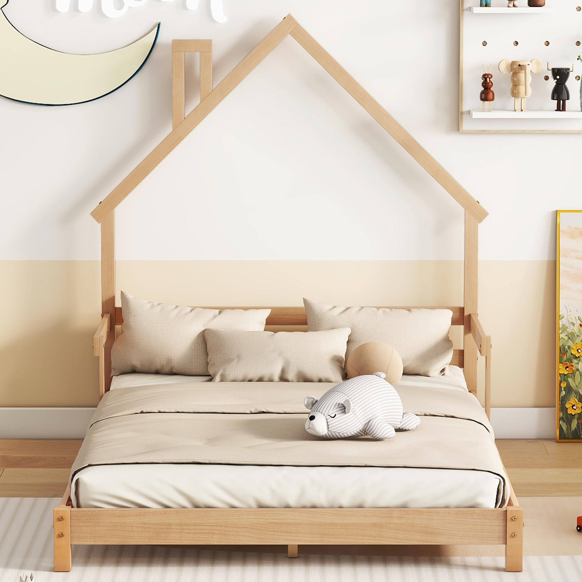 Full Size House-Shaped Kids Bed Frame with Handrails - Low Platform Bed for Boys & Girls, No Box Spring Needed (Natural) - Perfect for Bedrooms, Playrooms & Sleepovers