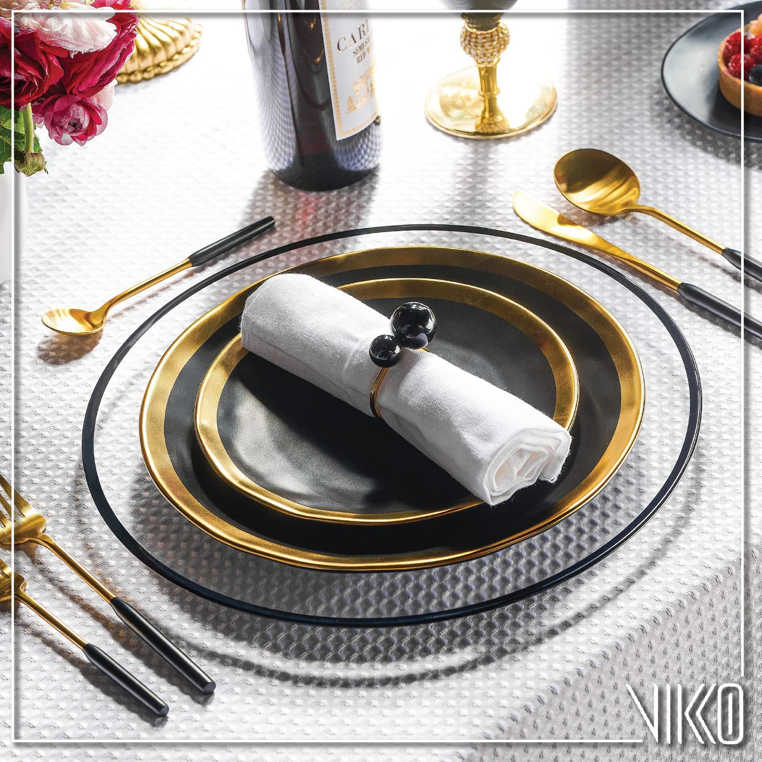 Vikko Dine Modern Silverware Set - 20-Piece Brushed Black & Gold Flatware Set - 18/10 Stainless Steel Cutlery for 4 People - Elegant Dinnerware for Upscale Dining, Wedding Gifts & Home Entertaining - Matte Finish Durable Utensils for Restaurants & Special Occasions