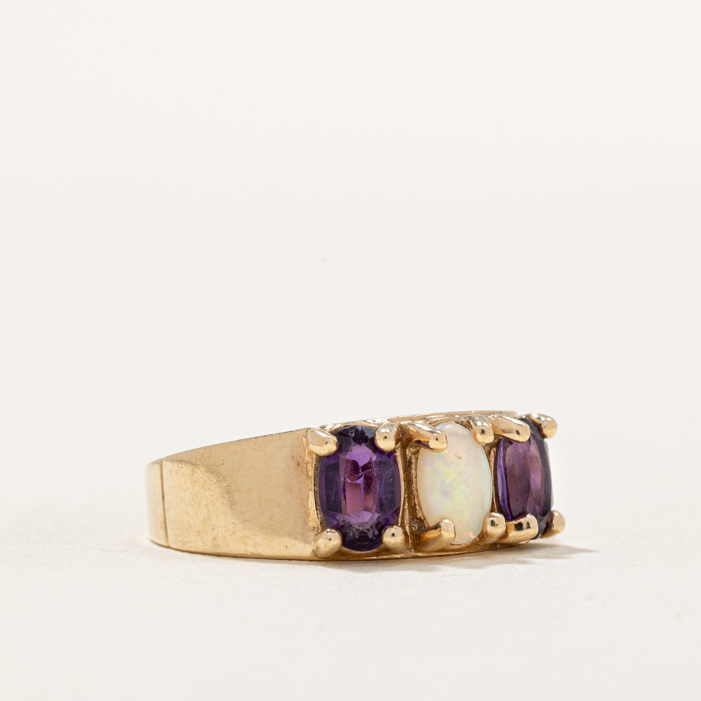 Amethyst & Opal Three Stone Ring - 0.60ctw Gemstone Jewelry, 0.25ct Diamond Accents, Size 7, Dainty Stackable Ring for Women - Perfect for Anniversary Gifts, Valentine's Day & Everyday Elegance