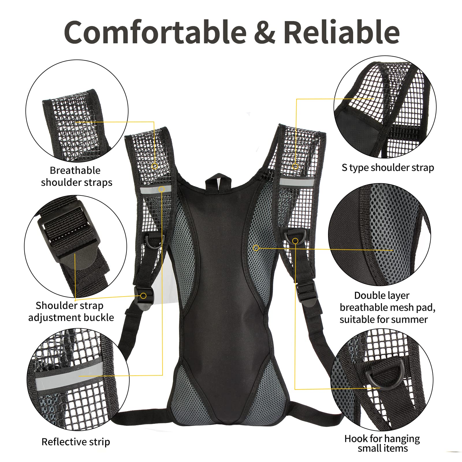 2L Hydration Backpack with Insulated Water Bladder - Lightweight Hiking Backpack for Cycling, Running & Rock Climbing - Perfect for Outdoor Adventures & Sports Hydration - Black