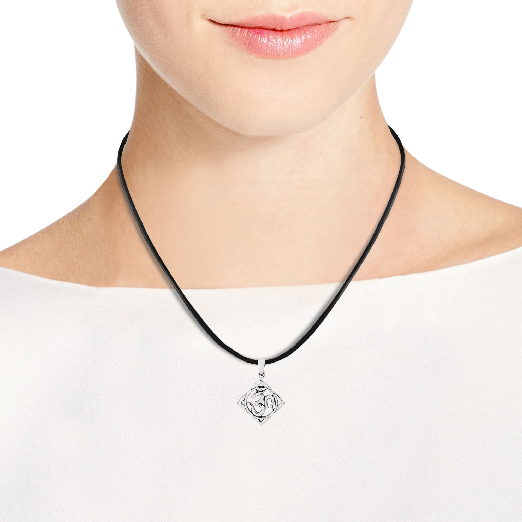 AeraVida Mystic Aum Om Prayer Pendant Necklace - .925 Sterling Silver with Black Rubber Chain - Spiritual Jewelry for Meditation & Yoga - Perfect Gift for Women