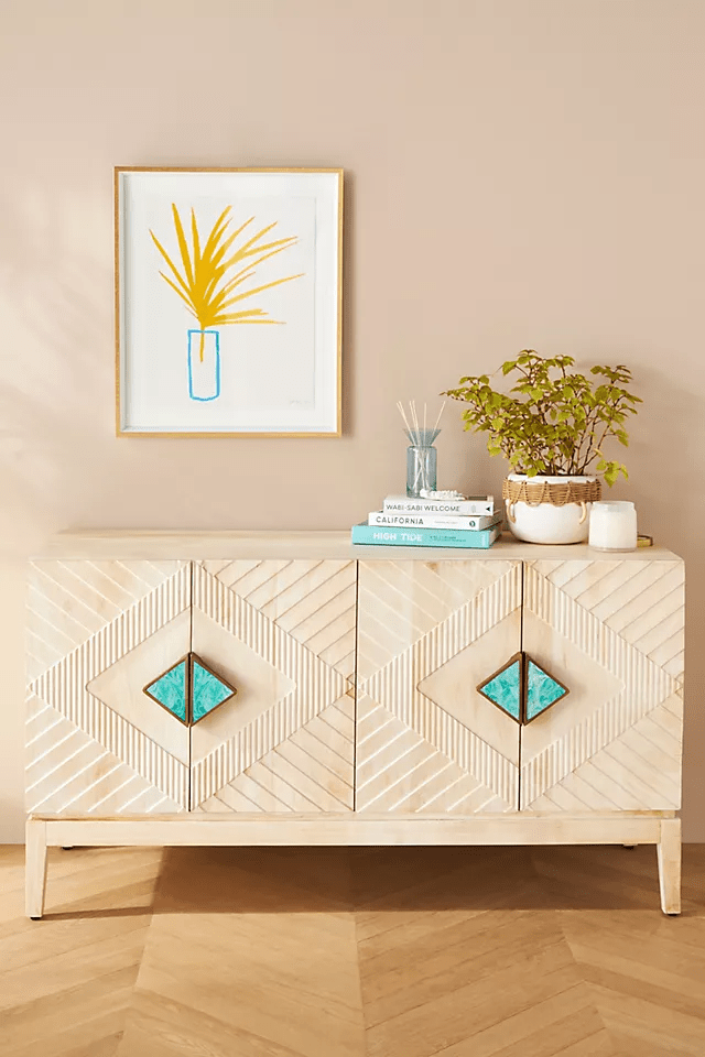 Hand Carved Samuel White Color Buffet Table - Indian Custom Made Sideboard for Dining Room & Living Room Storage | Solid Wood Console Table with Elegant Carvings | Perfect for Home Decor & Entertaining Guests