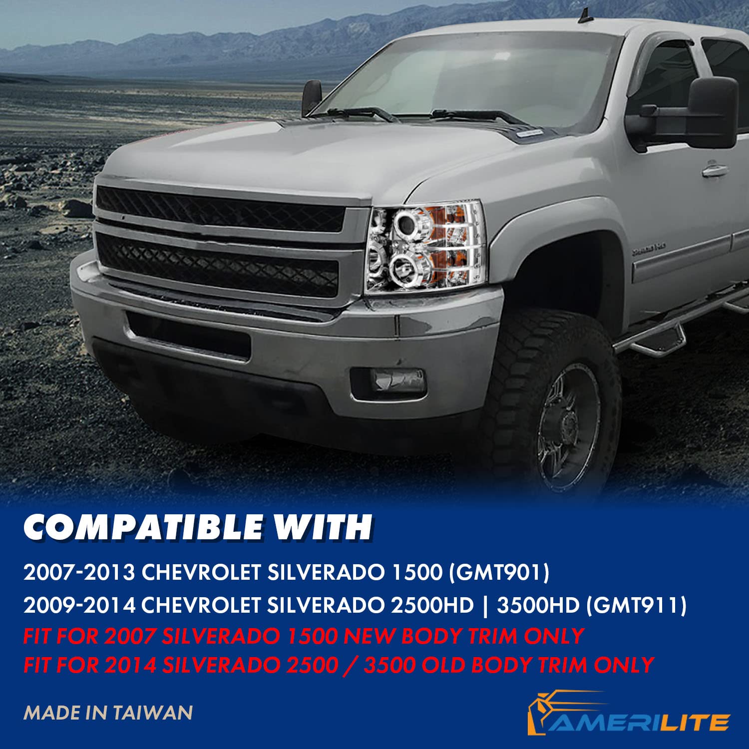 AmeriLite Chrome LED Halo Projector Headlights for Chevy Silverado 1500 2500 3500 - Pair (Driver & Passenger Side) - Upgrade Your Truck's Style & Night Visibility for Off-Roading & Daily Driving